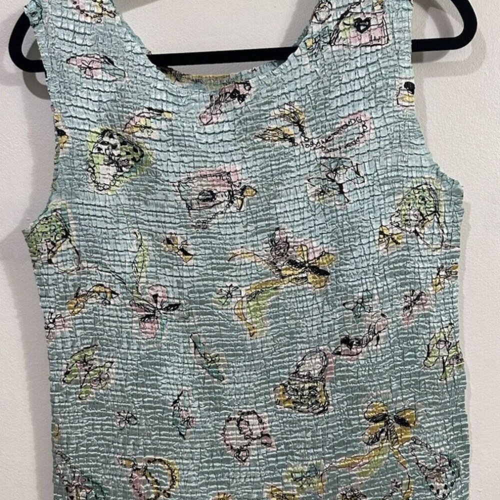 CASUAL CORNER ANNEX Women Stretch Crinkle Blue Floral Tank Top‎ Sleeveless SZ XL